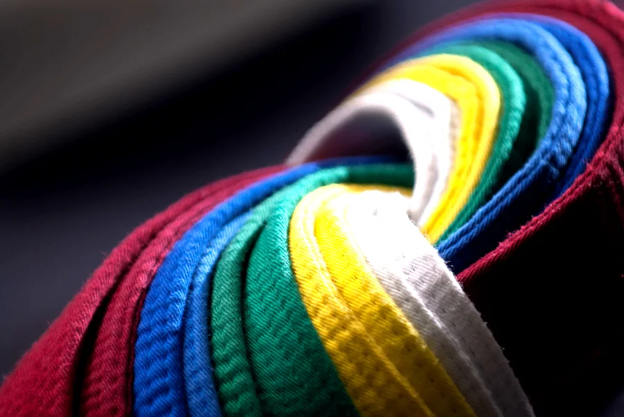 A stack of colourful Taekwondo belts