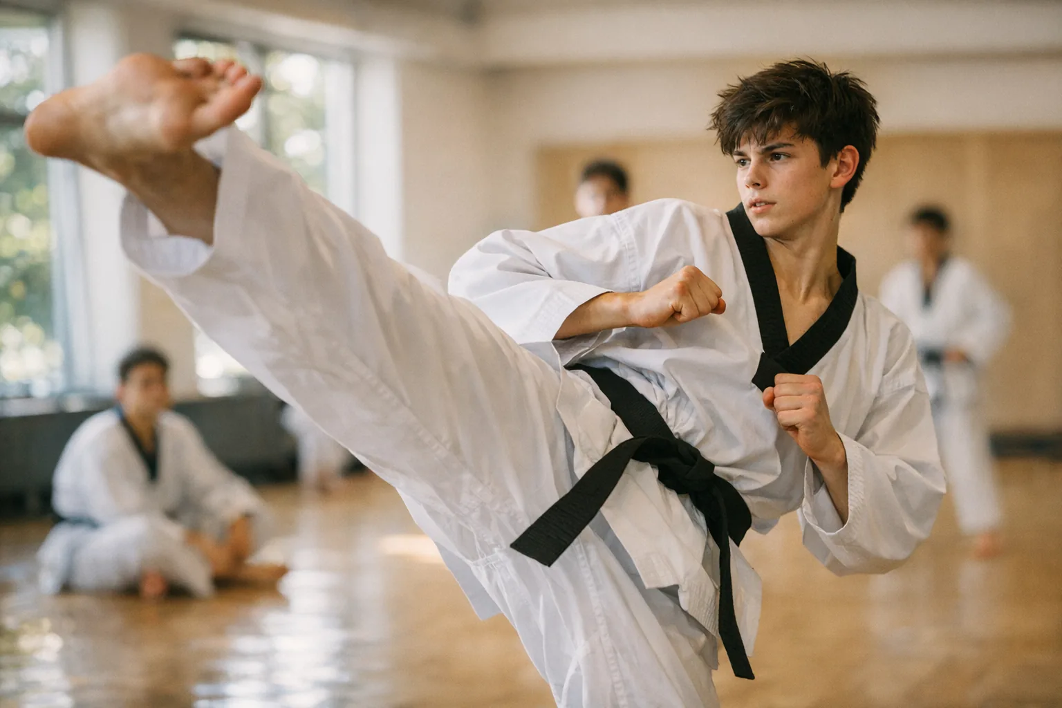 A focused Taekwondo student in a white dobok executing a high kick in a bright training hall